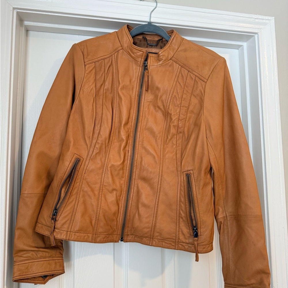 Black Rivet Cognac Leather Zip-Up Jacket